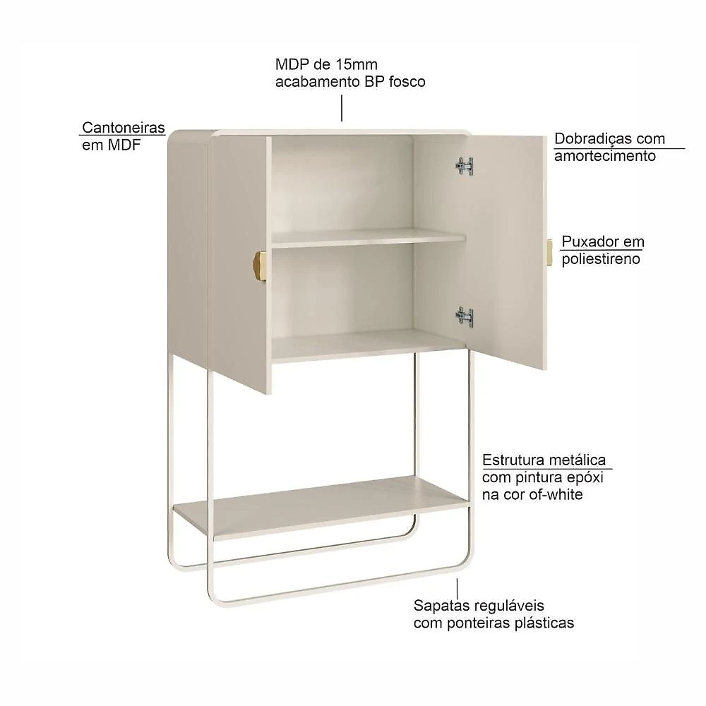 Balcão Bar 2 Portas 90cm Orgânico Pé Metal Luna BP Offwhite Off White