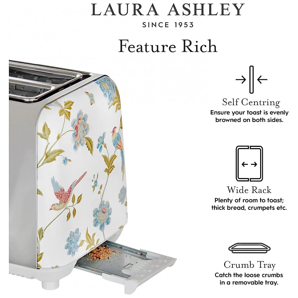 Torradeira 2 Fatias em Aço Inox Laura Ashley Branco com estampa floral Elveden, Slots Largos, 7 Níveis, Funções Descongelar, Reaquecer