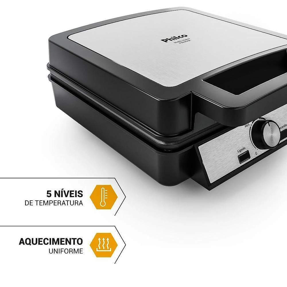 Waffle maker pwm04a 4 porções placas antiaderentes maxx clean preto philco