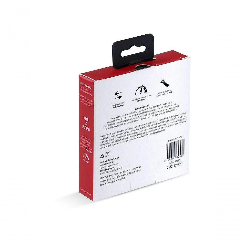 Cabo USB a para USB Tipo C Pcyes para Celular USB 2.0 5V 3A 480MBPS Preto 2M
