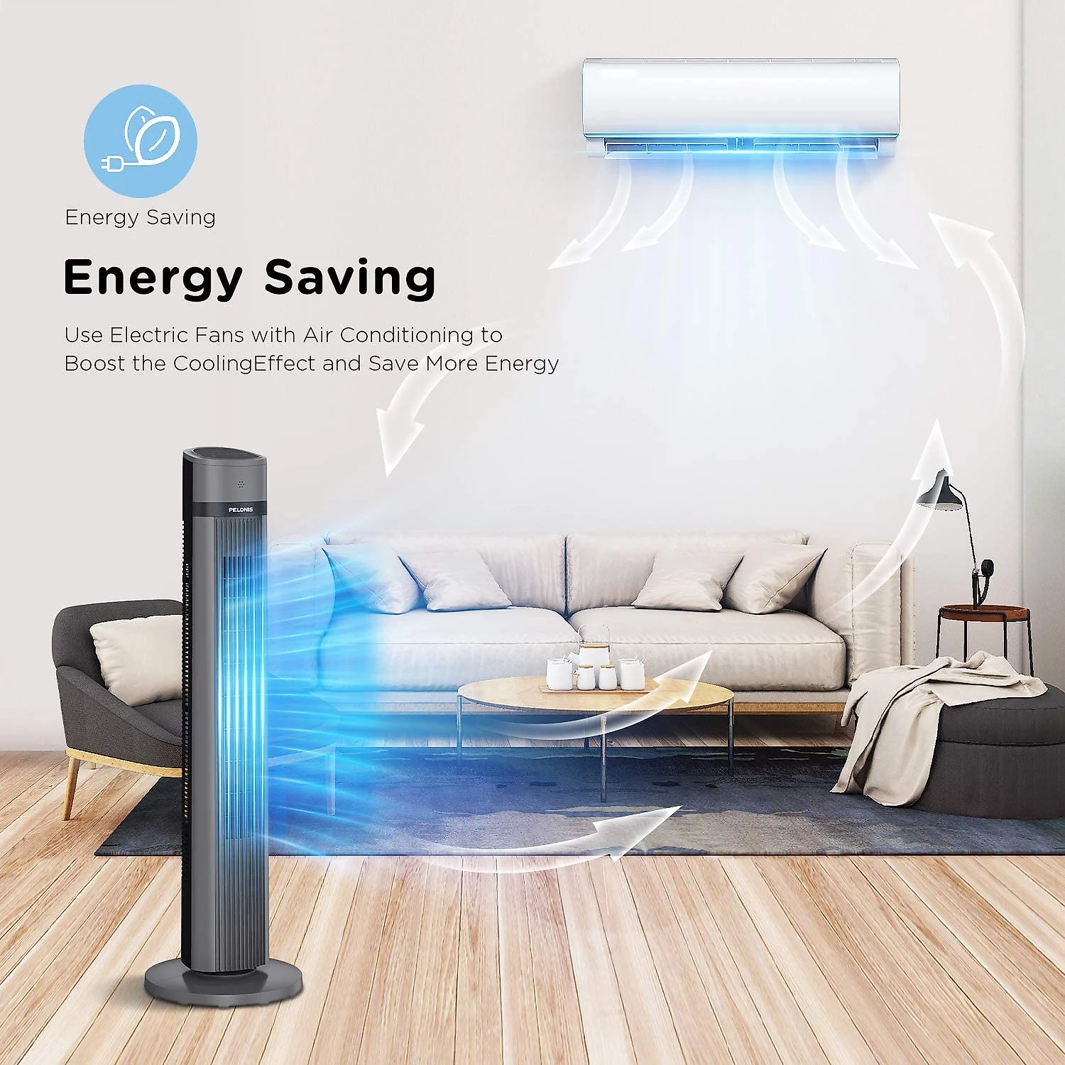PELONIS Oscillating Tower Fan with Remote Control 40 Quiet Stand Up Fan with 3 Speed Settings and 3 Modes 15Hour Timer LED Display for Bedroom Home Office Use Black