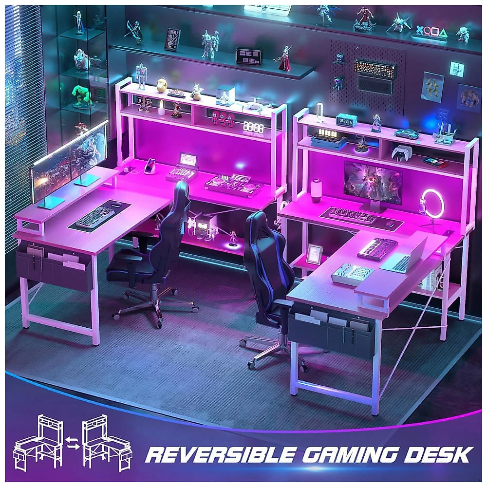 Mesa Gamer em L Aheaplus Rosa com Tomadas Elétricas, Luzes LED, Suporte para Monitor e Prateleiras, 48 polegadas (121 cm)