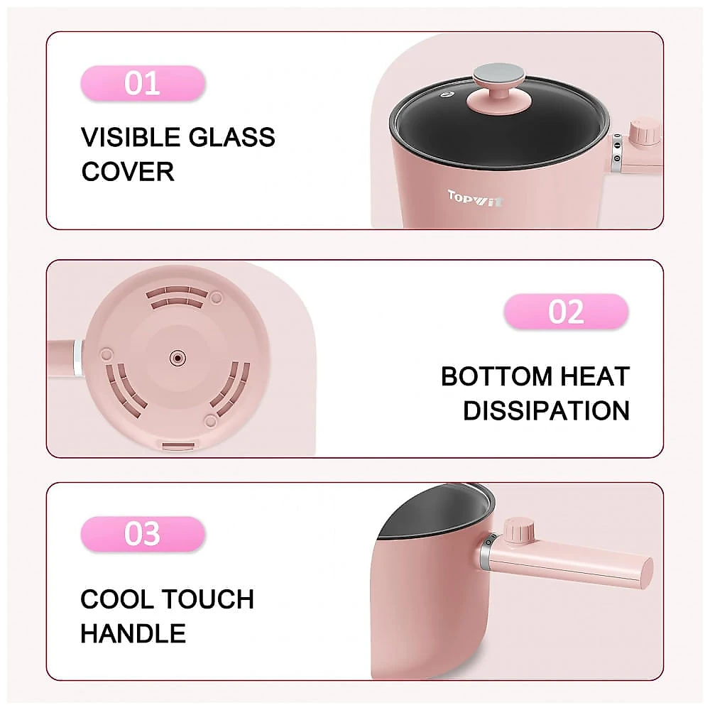 TopWit Hot Pot Elétrico 1,5L Rosa com Controle Duplo de Potência e Revestimento Antiaderente
