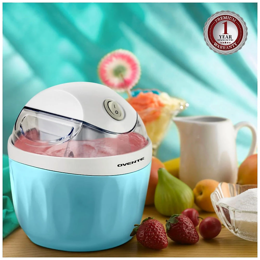 OVENTE Máquina Elétrica de Sorvete com Tampa EasyLock e Tigela Congelante de 1 Litro - Sorvete, Gelato e Iogurte Caseiros Saudáveis - Azul