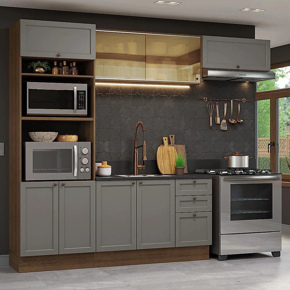 Armário de cozinha completa 270 cm rustic/cinza vik madesa 04