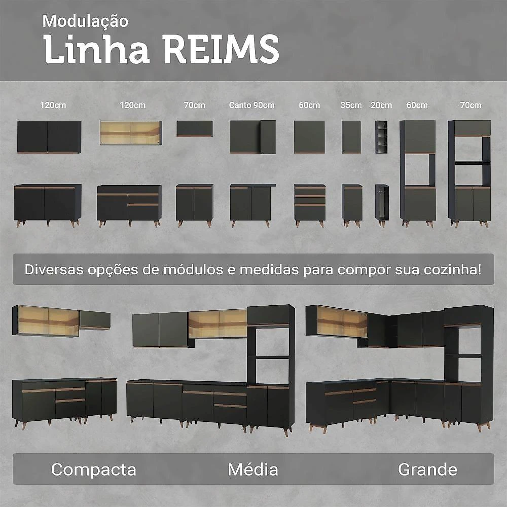 Armário De Cozinha Completa 250cm Preto Reims Madesa 09 Preto