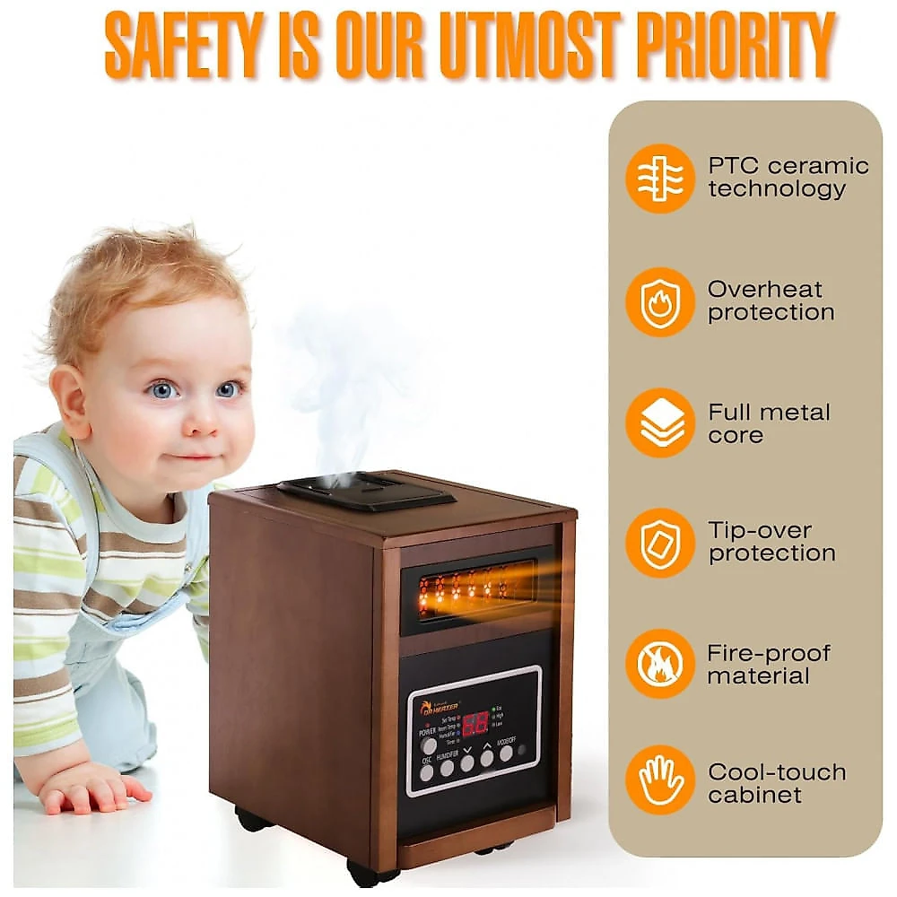 Aquecedor Infravermelho DR. INFRARED HEATER DR-998 Nogueira Dual 1500W Umidificador Oscilante Controle Remoto Rodas 120V