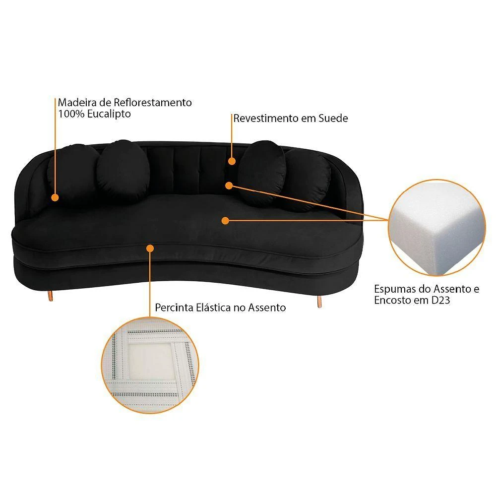 Miniatura Sofá Curvo 2 Lugares Orgânico Sala Recepção Escritório Decorativo Luxo Panamá 160cm Suede Cor Preto