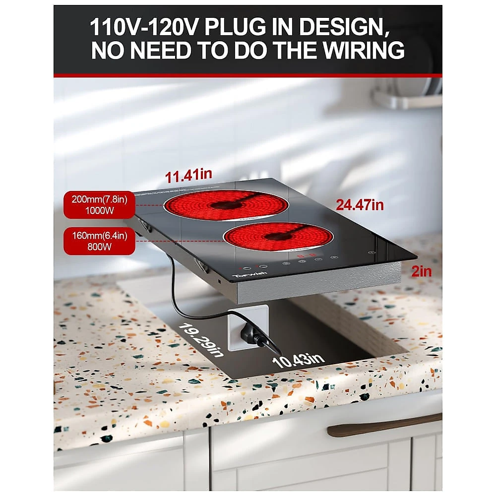 Cooktop Elétrico de 2 Bocas, Cooktop de Cerâmica Embutido de 30,48 cm, Cooktop Elétrico de 120v com Trava de Segurança para Crianças, Timer