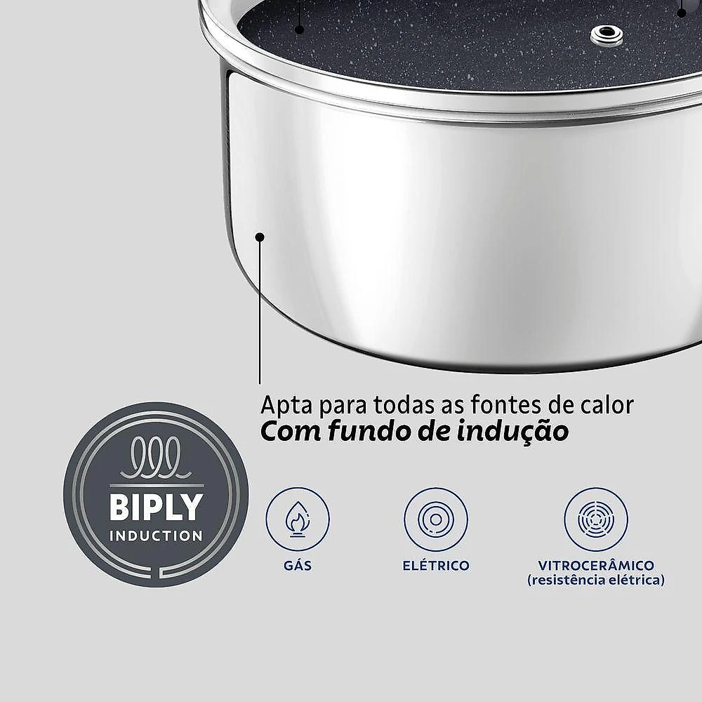 Panela Romagna Indução Aço Inox e Alumínio Revestimento Interno Cerâmico Black Stone 1,5L Tramontina