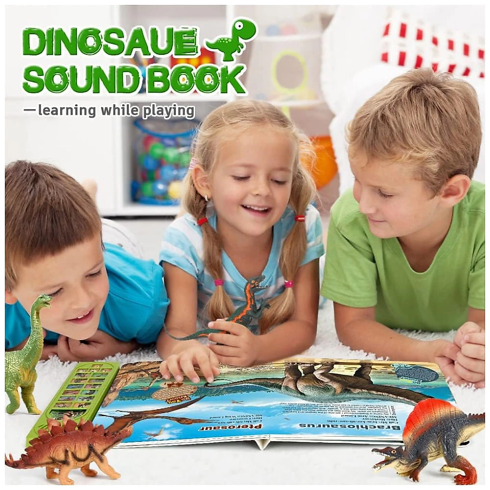 Kit 12 Dinossauros com Livro Interativo de Sons para Crianças Acima de 3 Anos, OENUX