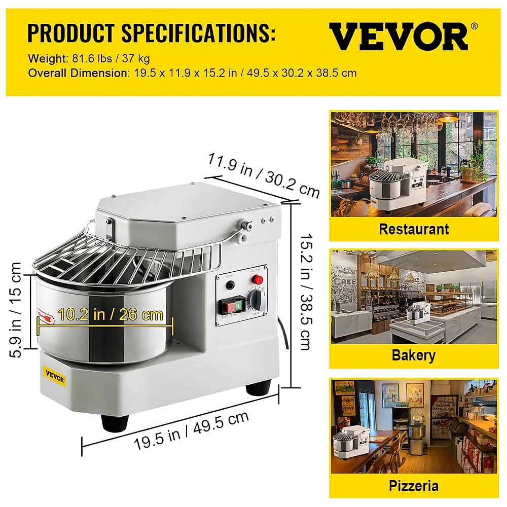 Amassadeira Espiral Comercial VEVOR BDM8 8L Dupla Rotação Inox Timer 110V