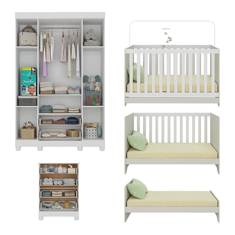 Quarto De Bebê Completo Berço Americano 3 Em 1 Colchão Allegra Multimóveis MP4602 Branco-off White