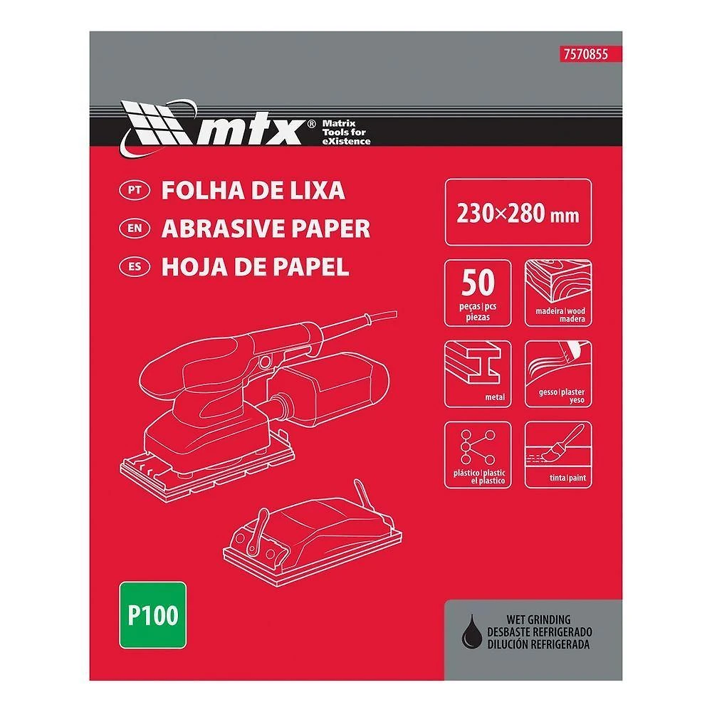 Folha de Lixa para Metal Base D'água 7560855 Grão P100 230x280mm Vermelho Mtx