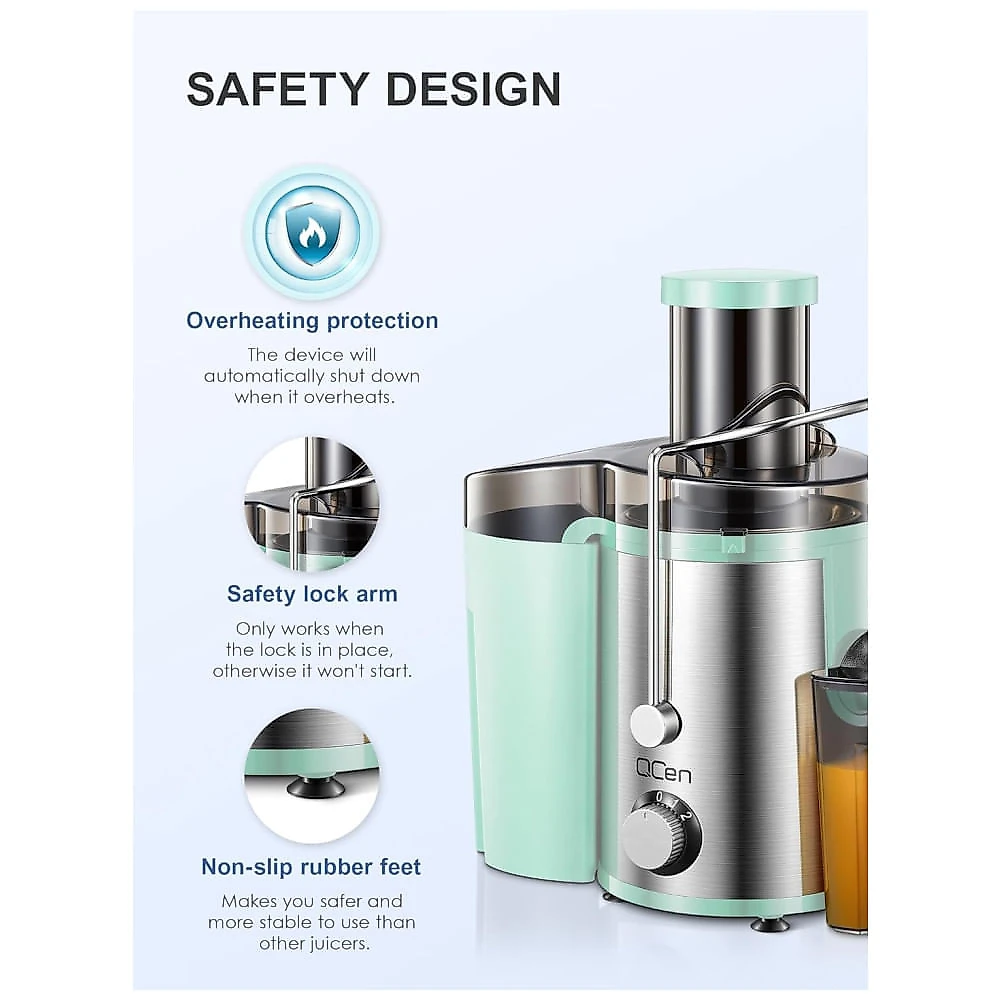 Extrator de Sucos QCen, 800W Centrífugo com Boca Larga de 3 Alimentações para Frutas e Vegetais, Fácil de Limpar, Aço Inoxidável, Livre de BPA Aqua