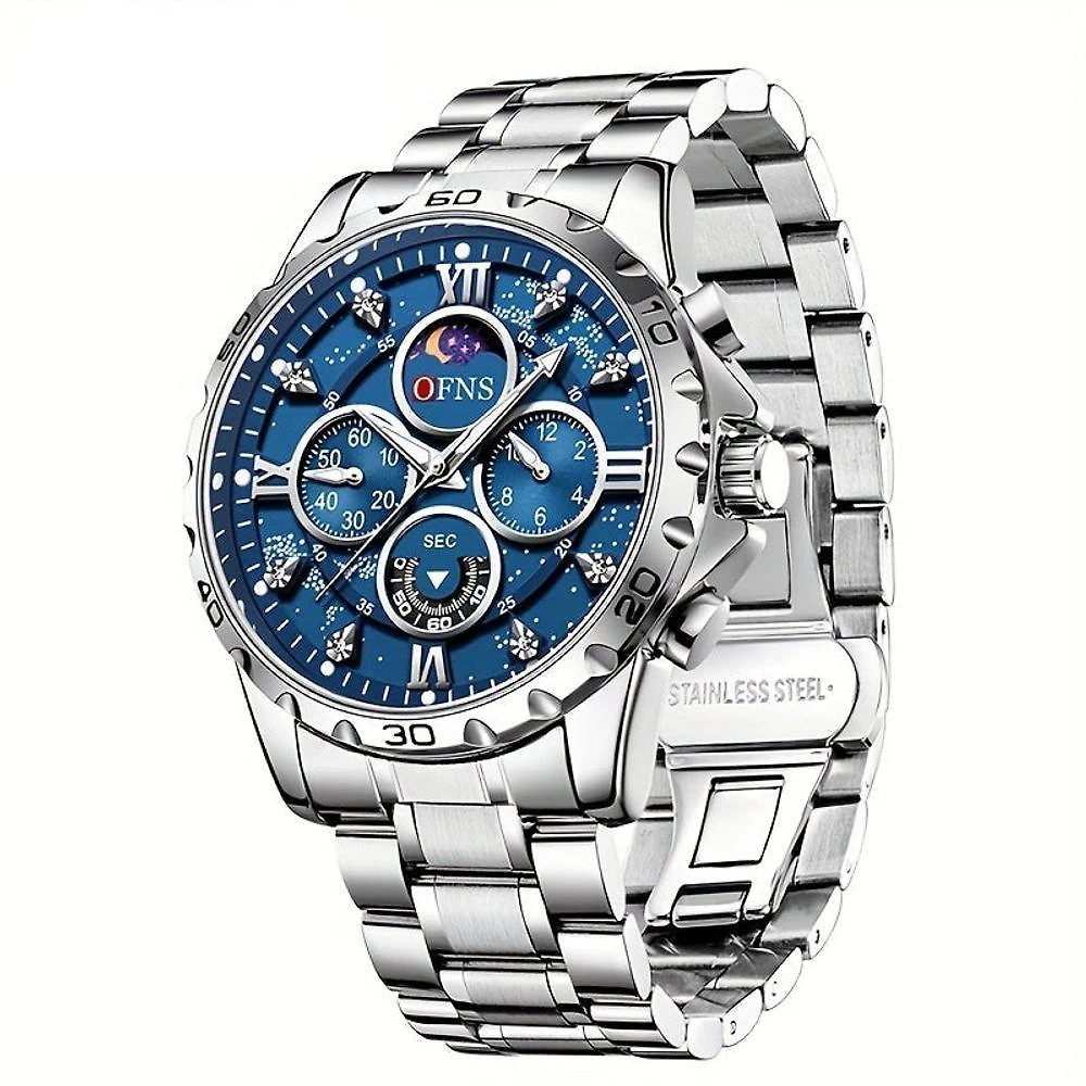 Relógio Masculino Ofns, Esportivo Luxuoso, Seis Agulhas Multifuncionais Prata Azul