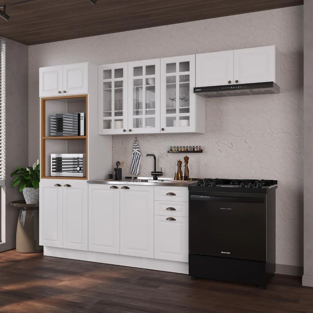 Cozinha Compacta Modulada Nara 12 Portas 2 Gavetas MDF Branco Fidelita Móveis