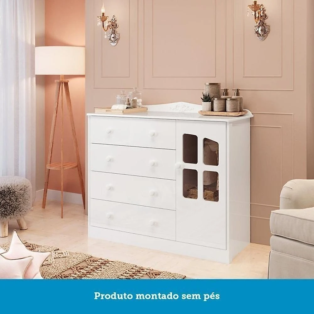 Quarto de Bebê com Berço Mini Cama e Cômoda com Janela Maya Clássico Espresso Móveis Branco Brilho