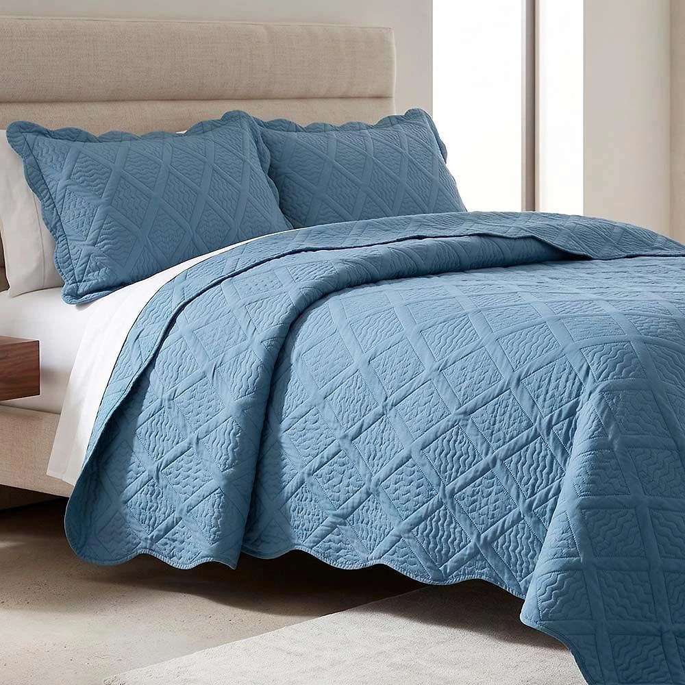 Kit Cobre Leito Colcha Ipanema Queen 3 Peças 100% Poliéster Percal 300 Fios Azul Jeans Clara Luz
