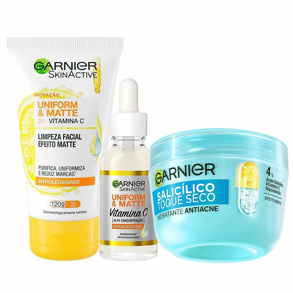 Garnier skin kit - sérum antimanchas + gel de limpeza facial + hidratante facial antiacne