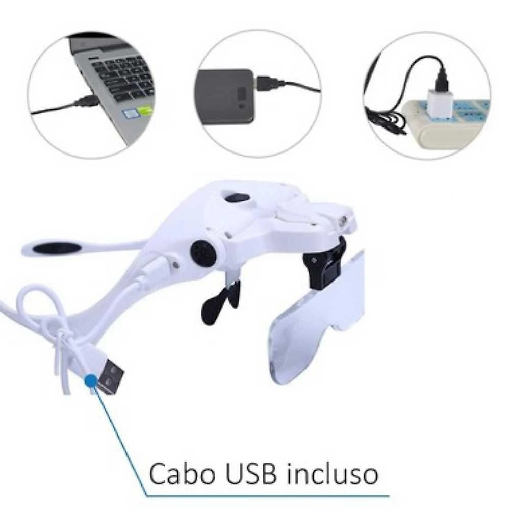 Lupa Cabeça Ajustável 2 LEDs Recarregável 5 Lentes Lorben