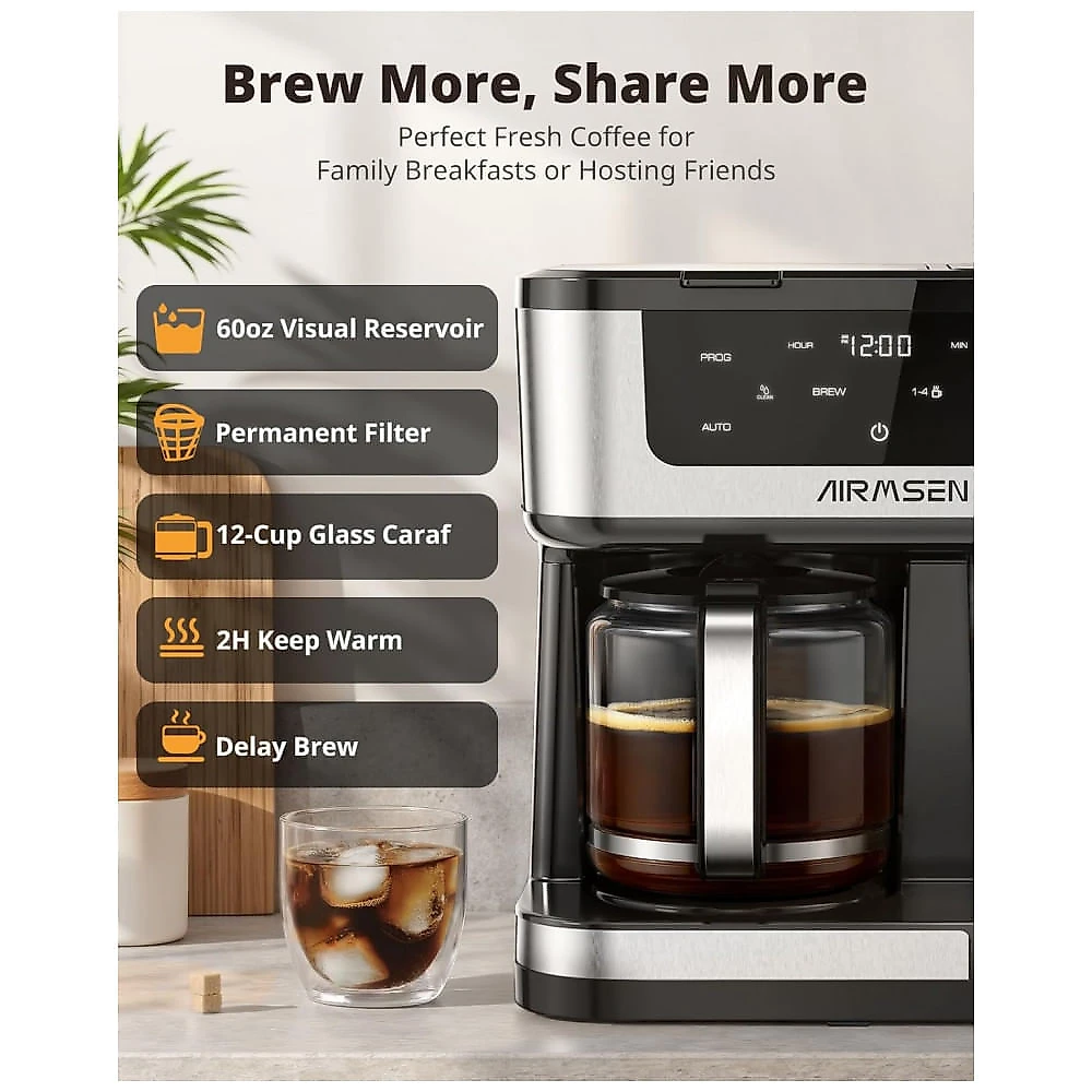 Cafeteira Elétrica AIRMSEN Preta 1,8L 12 Xícaras Dupla Função Cápsulas e Pó Touchscreen 1000W 110V