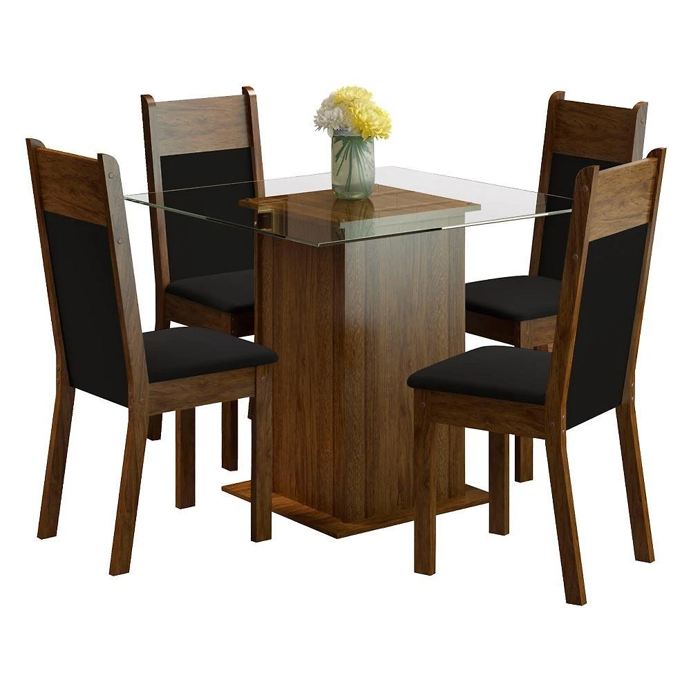 Conjunto sala de jantar madesa anita mesa tampo de vidro 4 cadeiras - rustic/preto/sintético preto