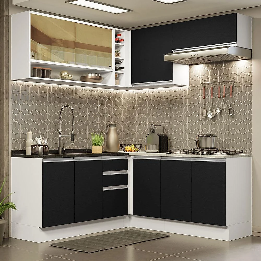 Cozinha completa de canto madesa glamy 349002 com armário e balcão (sem tampo e pia) - branco/preto