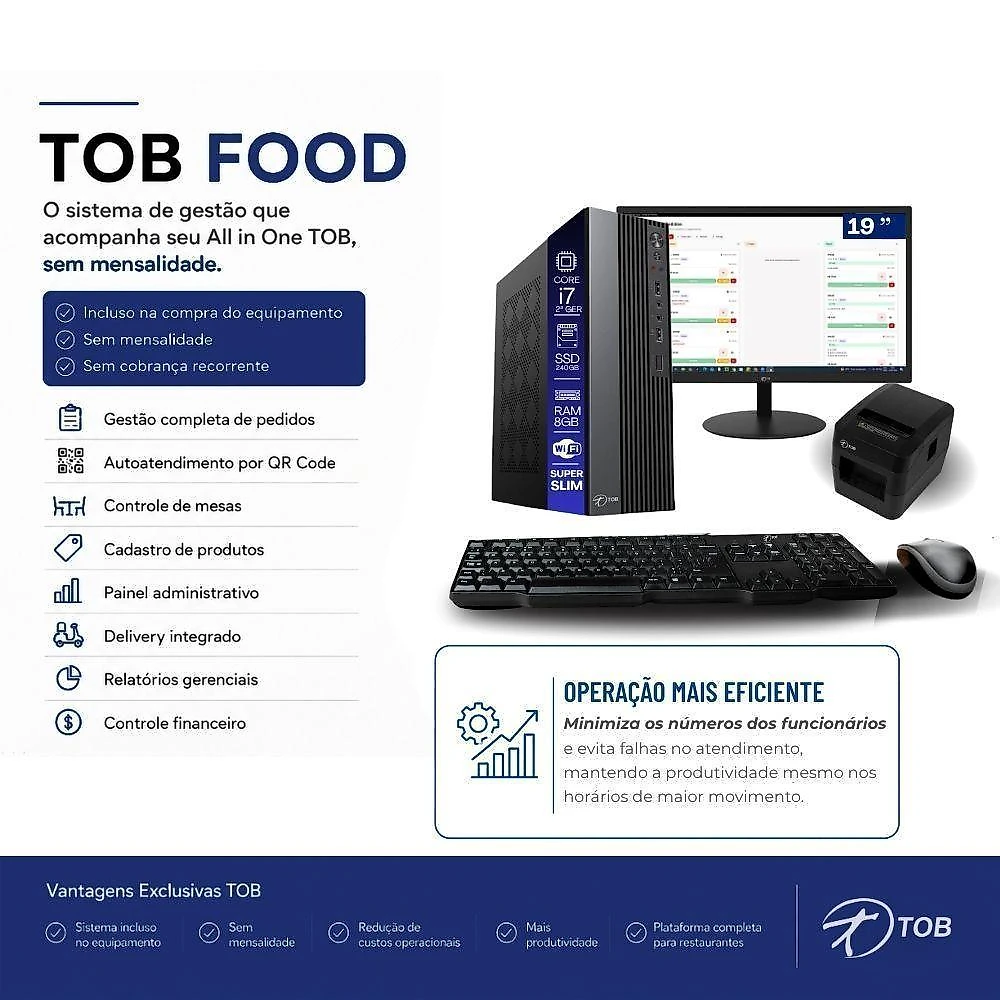 Computador PDV com Impressora e Monitor Core I7 2a Geração 8GB SSD 240GB Sistema TOB Food Tob