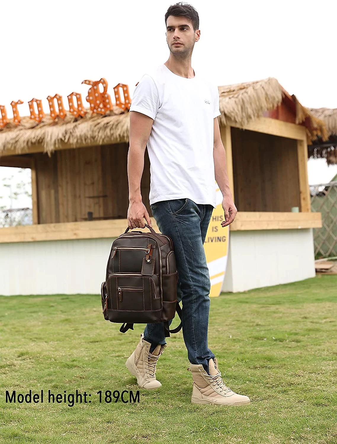 Lannsyne LB125 Mochila Unissex de Couro Genuíno para Laptop 40 cm Marrom