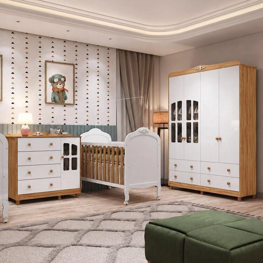Quarto de Bebê Berço Minicama Guarda-roupa e Cômoda Janeladas 100% Mdf Maya Clássico Espresso Móveis