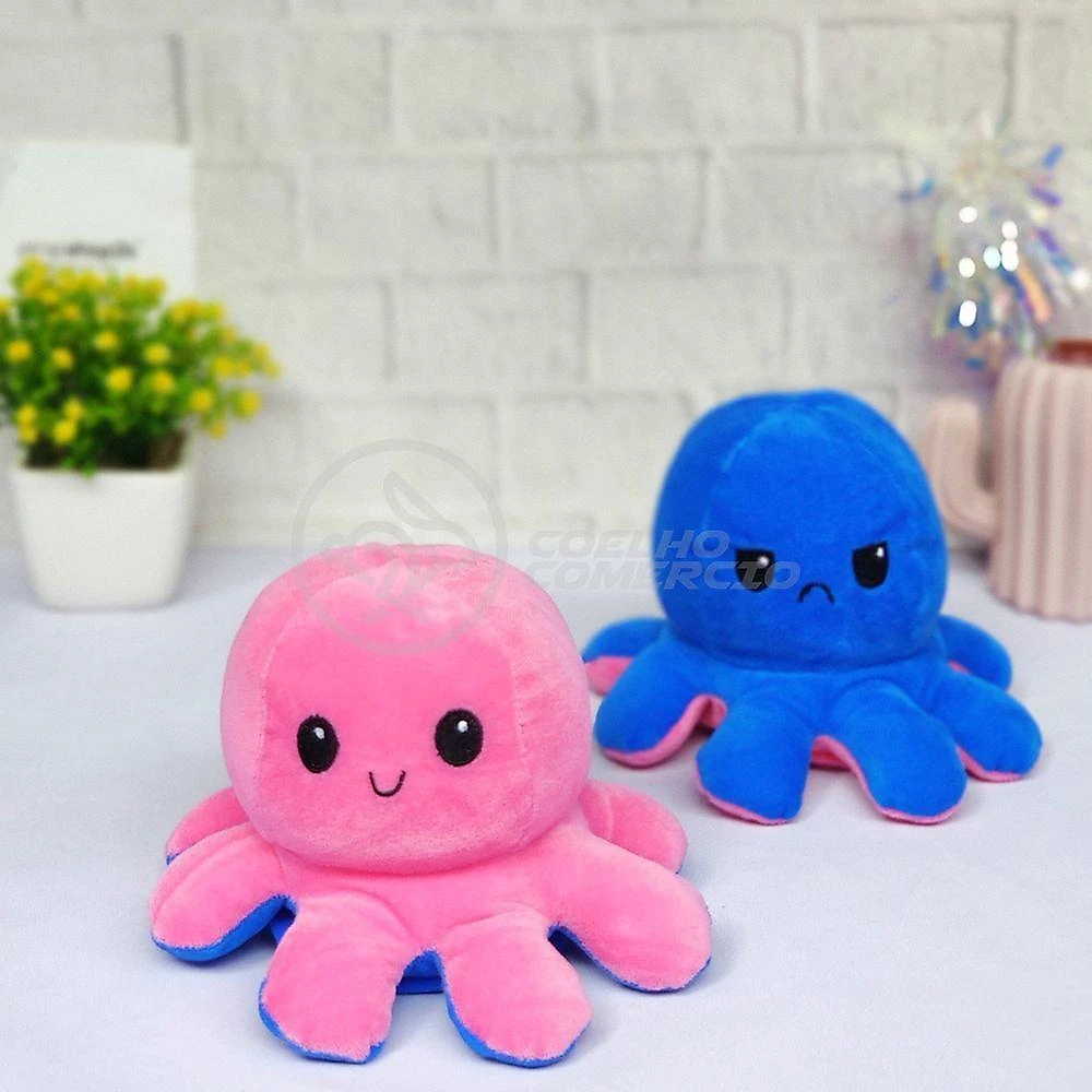 Polvo Reversível De Pelúcia Feliz E Bravo Rosa E Azul