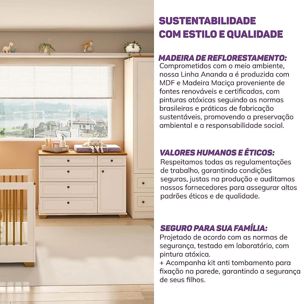 Quarto de Bebê Completo 1 Berço 1 Cômoda e 1 Guarda Roupa Baby Ananda Casatema MadeiraOriginals Quarto de Bebê Completo 1 Berço 1 Cômoda e 1 Guarda Roupa 2 portas Baby Ananda Casatema OffWhite/Mel