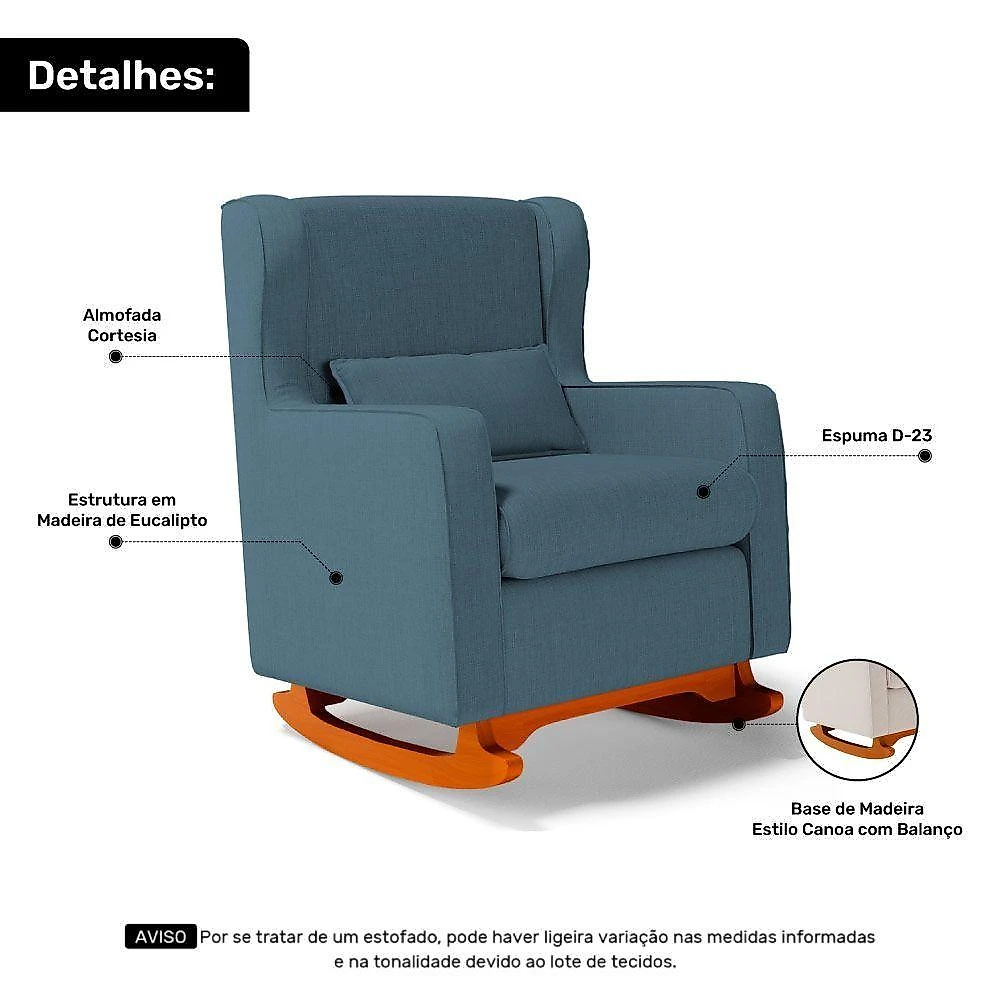 Poltrona Decorativa Zoe com Base Balanço e Puff Linho Denim Conforto Azul Abmaza