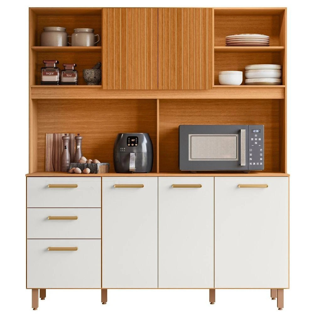 Kit Armário de Cozinha Sicília Largo 6 Portas 2 Gavetas MDF-MDP 160cm Freijó Frisado Off White