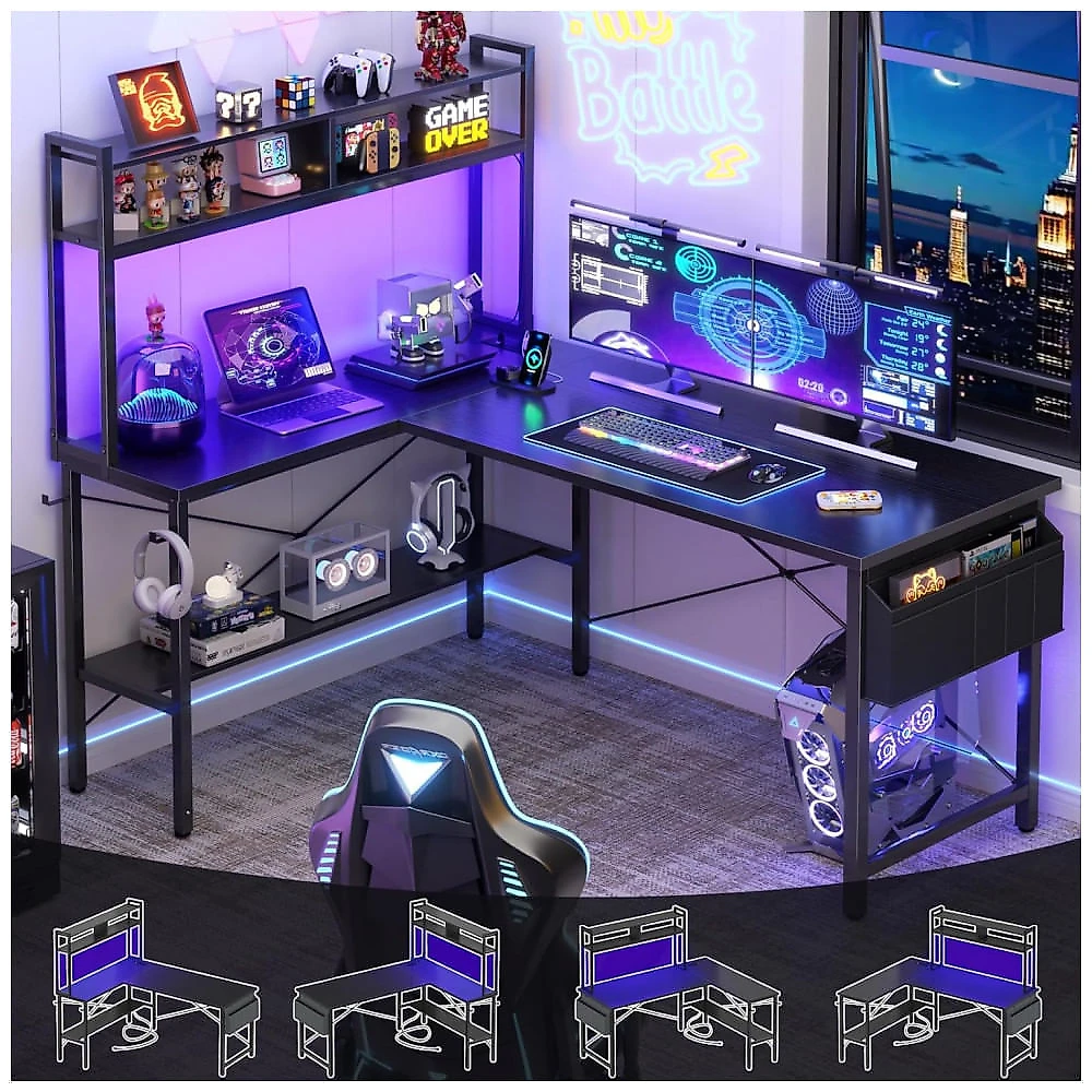 Mesa Gamer L Aheaplus 150 cm Preto com Tomada Elétrica, Luz LED, Prateleiras Reversíveis e Ganchos, Modelo 150 cm (150x150x48 cm)