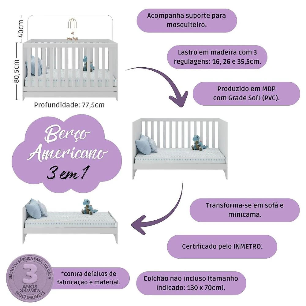 Quarto de Bebê Completo com Berço Americano 3 em 1 Teddy Multimóveis MP4656 Branco