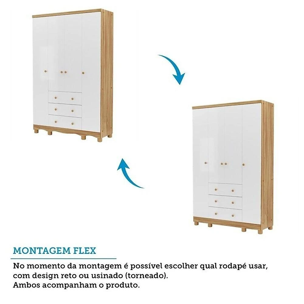 Quarto de Bebê Completo Berço Minicama Guarda-roupa 4 Portas e Cômoda 100% Mdf Nina Espresso Móveis Branco Brilho/Amêndoa