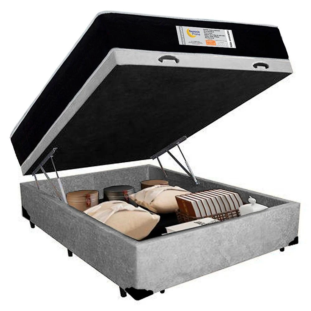 Cama Box Baú Casal Suede + Colchão Molas Ensacadas Sereneprime Sonnolux 138x188x69 Cor:cinza
