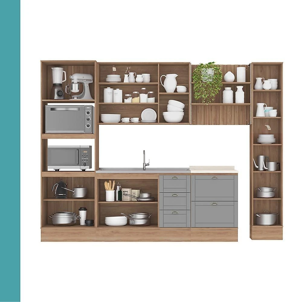 Cozinha Milla Cleo 11 Portas 5 Gavetas MDF-MDP 310CM Nogal com Cinza Móveis Carraro webcontinental-7893455167878