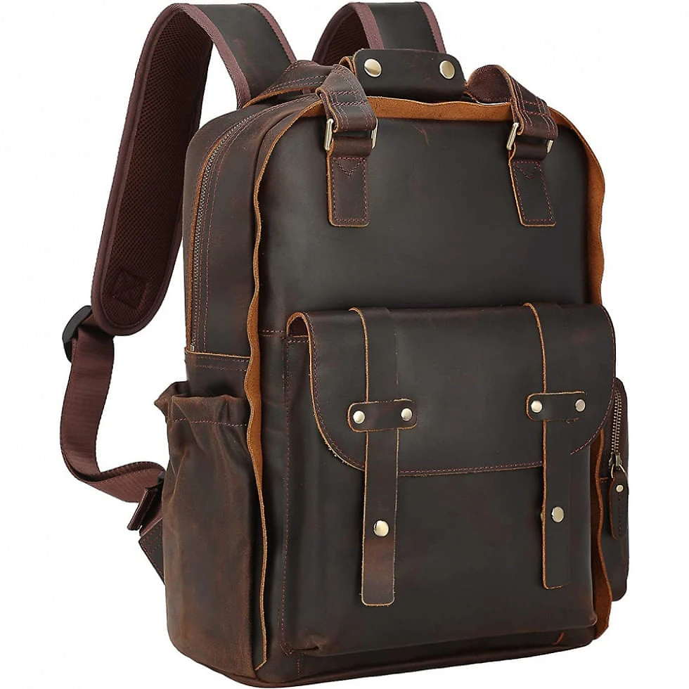 Mochila Masculina para Laptop de Couro, TIDING, Marrom