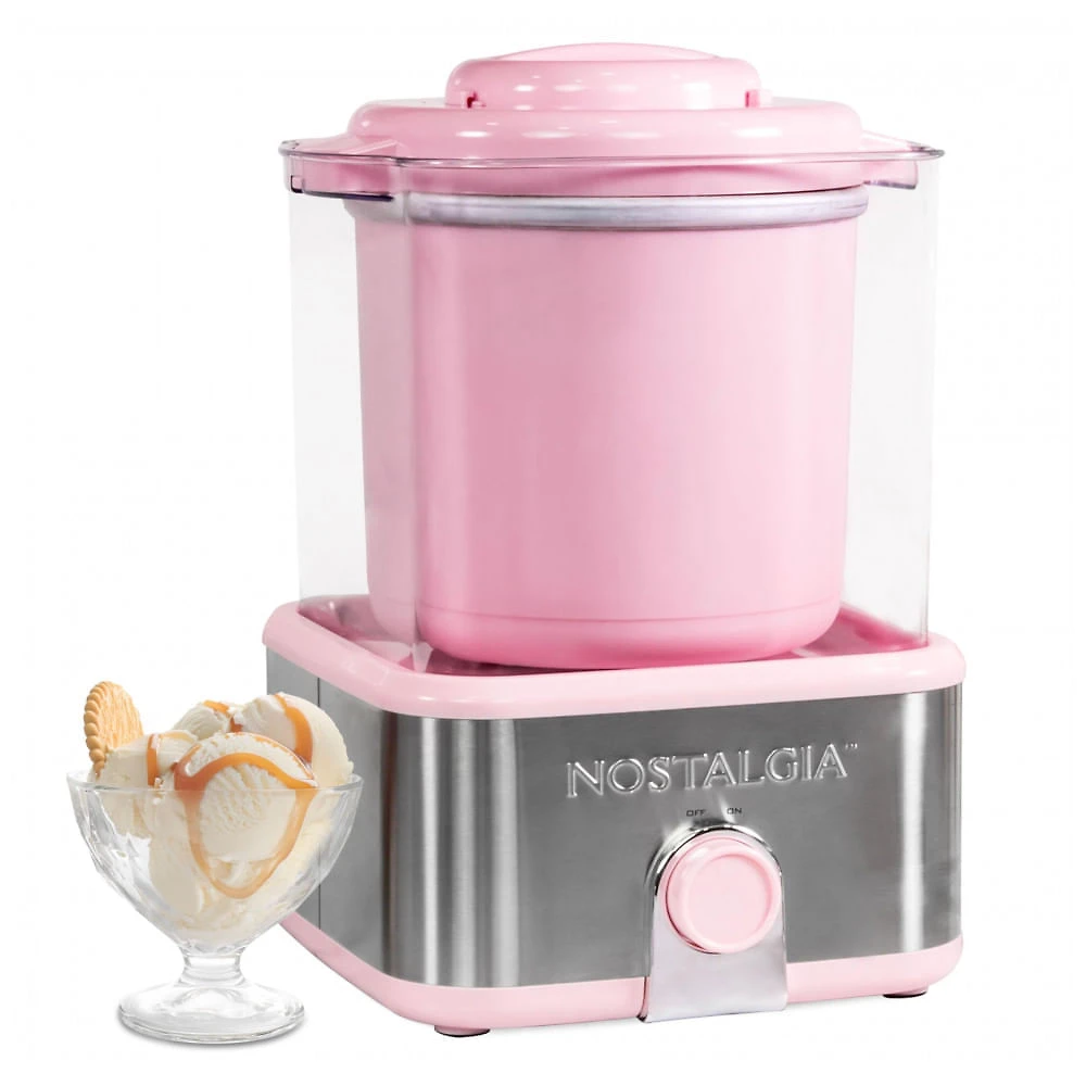 Sorveteira Elétrica Nostalgia Rosa Inox 1,89L Cuba Gel Dupla Isolação Base Aço Inoxidável Automática 120V