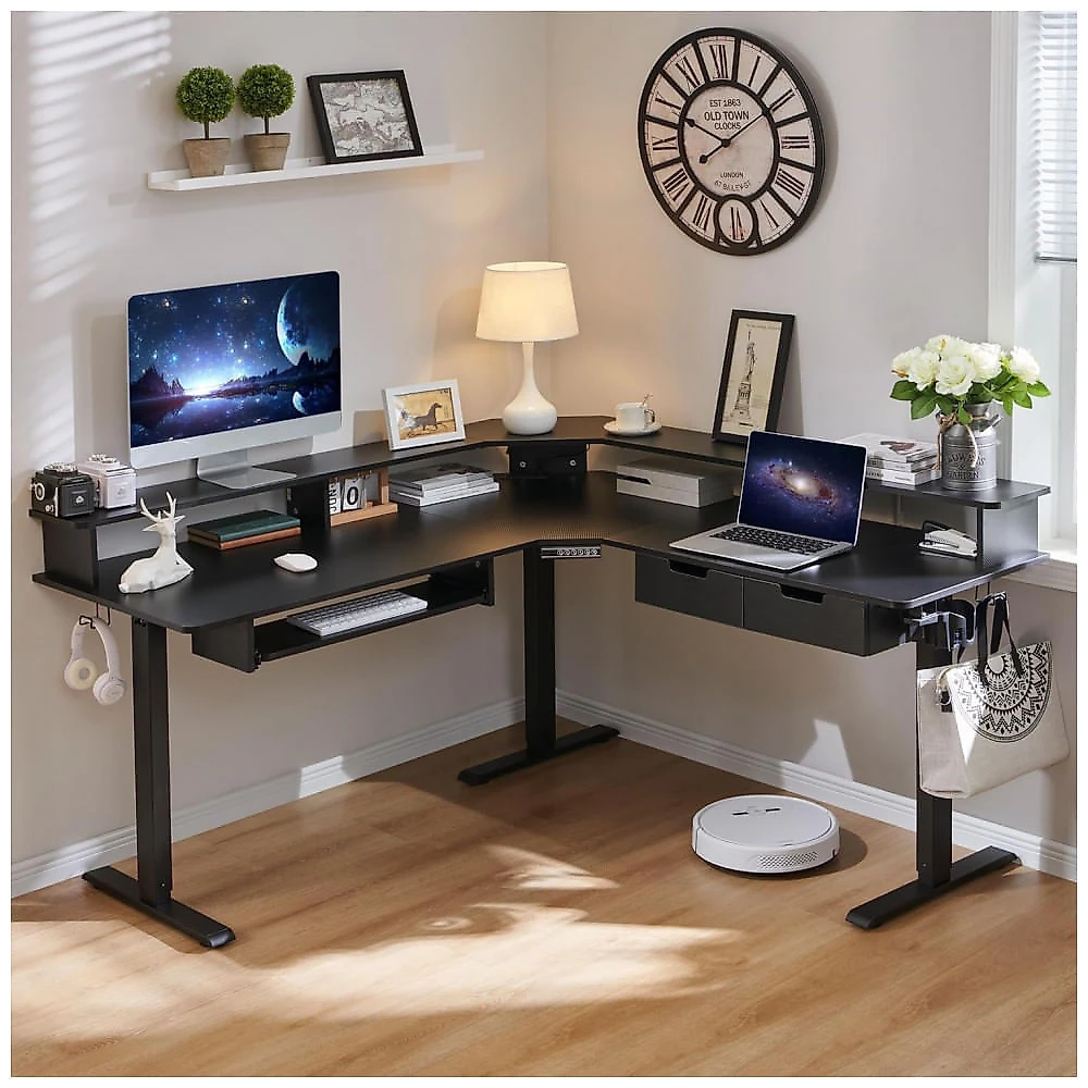 Mesa Gamer em L Elétrica RedLemon Fibra de Carbono Preta 152 cm com Altura Ajustável, Gavetas, Bandeja Teclado, Tomadas e Luzes LED