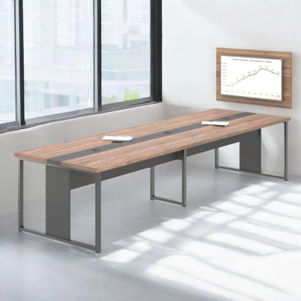 Mesa de Reunião para Tv com Painel Retangular Porta Bella Moderno sem Gavetas Noce Preto Casah