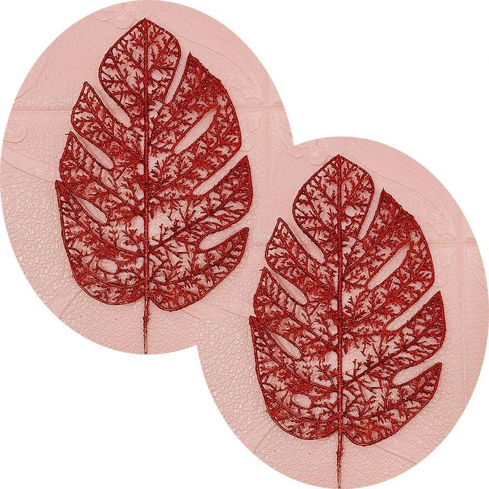 Folhas Flores Enfeite Natal Gliter Vermelho 35cm Kit 10pçs