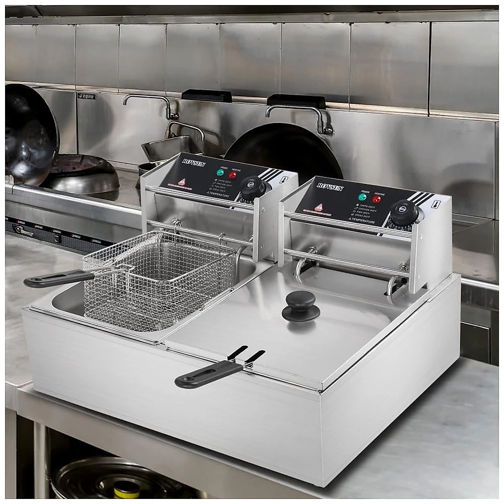 Fritadeira Elétrica Dupla Profissional 21 Litros de Capacidade, Aço Inoxidável, 110V 5000W, ROVSUN