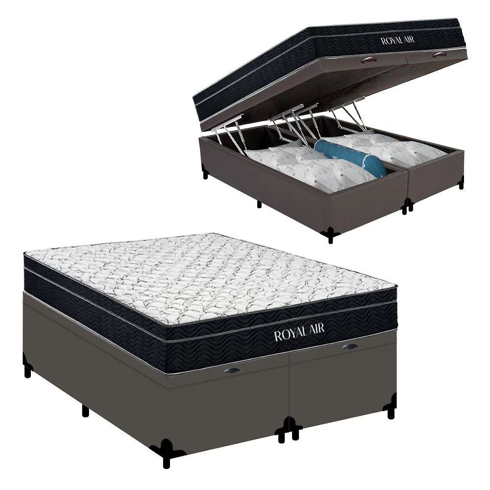 Cama Box Baú Casal 138cm Royal Air Pillow Top Molas Ensacadas Sintético Cinza Royal