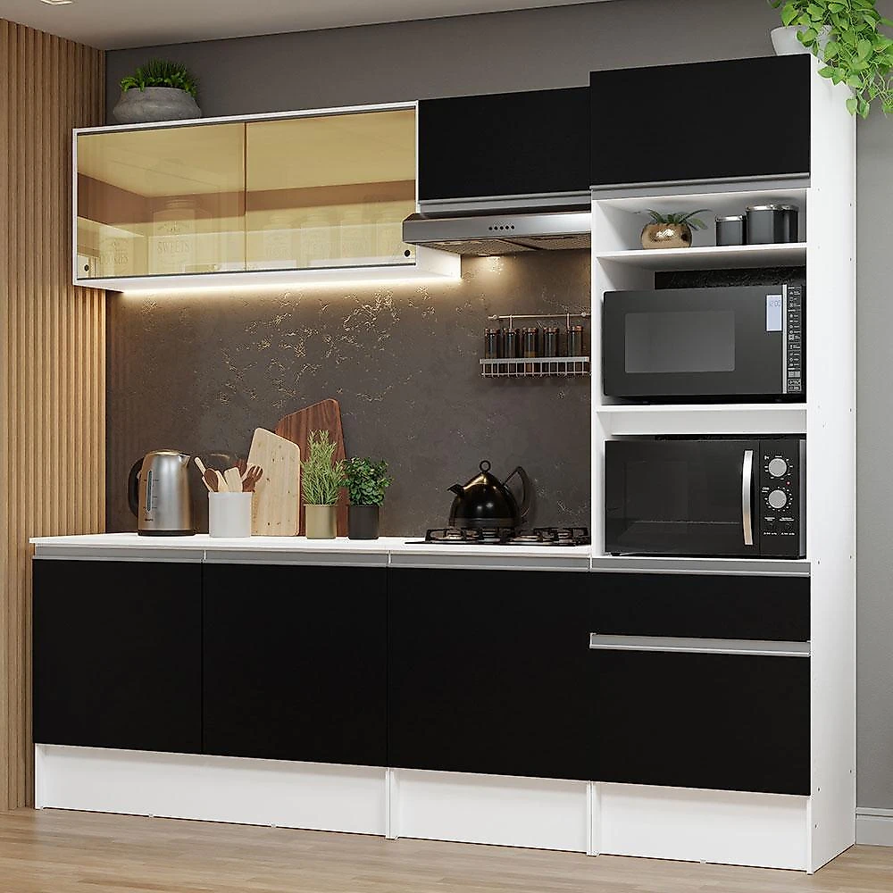 Armário de cozinha completa 240cm branco/preto diamante madesa 06