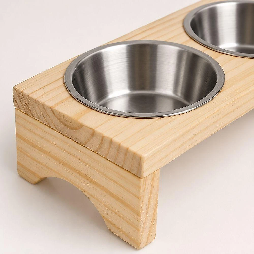 Comedouro e Bebedouro Duplo Tratador Pet com Suporte de Madeira Tratada para Cachorros e Gatos