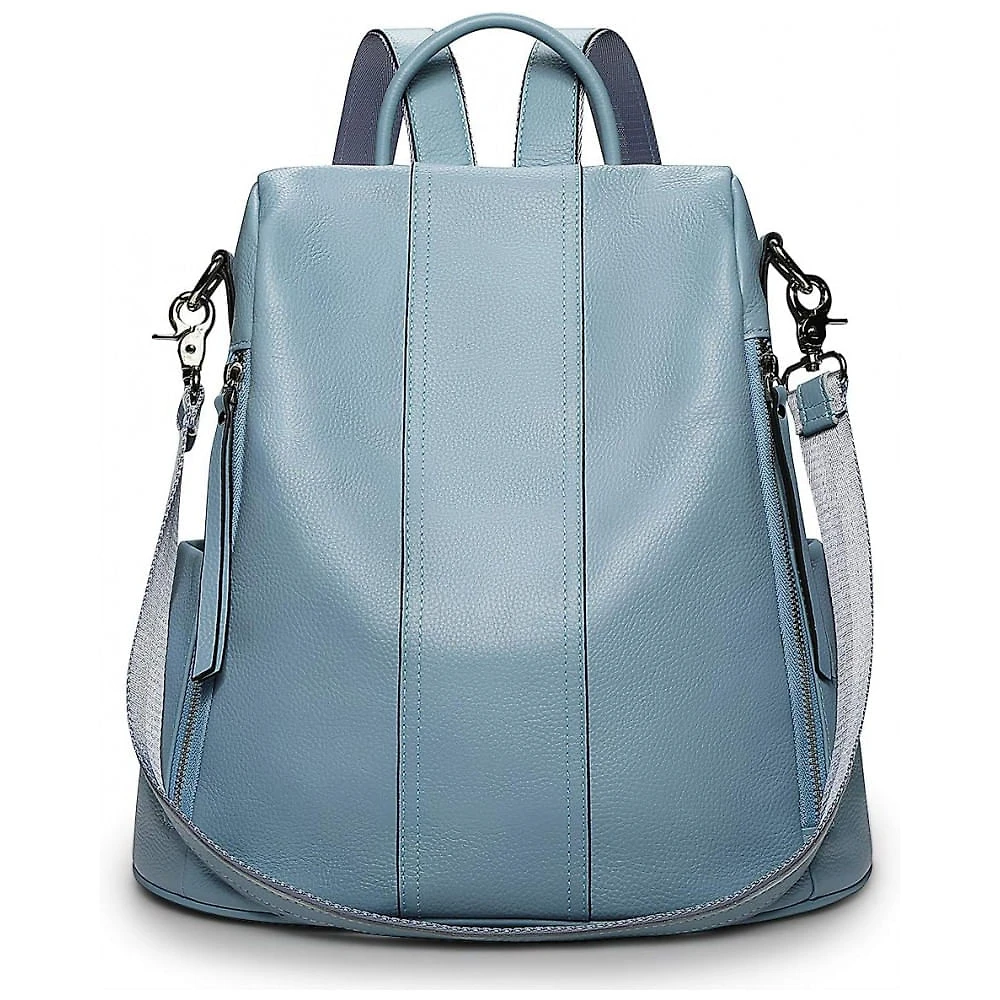 Mochila Feminina de Couro Conversível para Bolsa de Ombro, S ZONE, Azul Claro